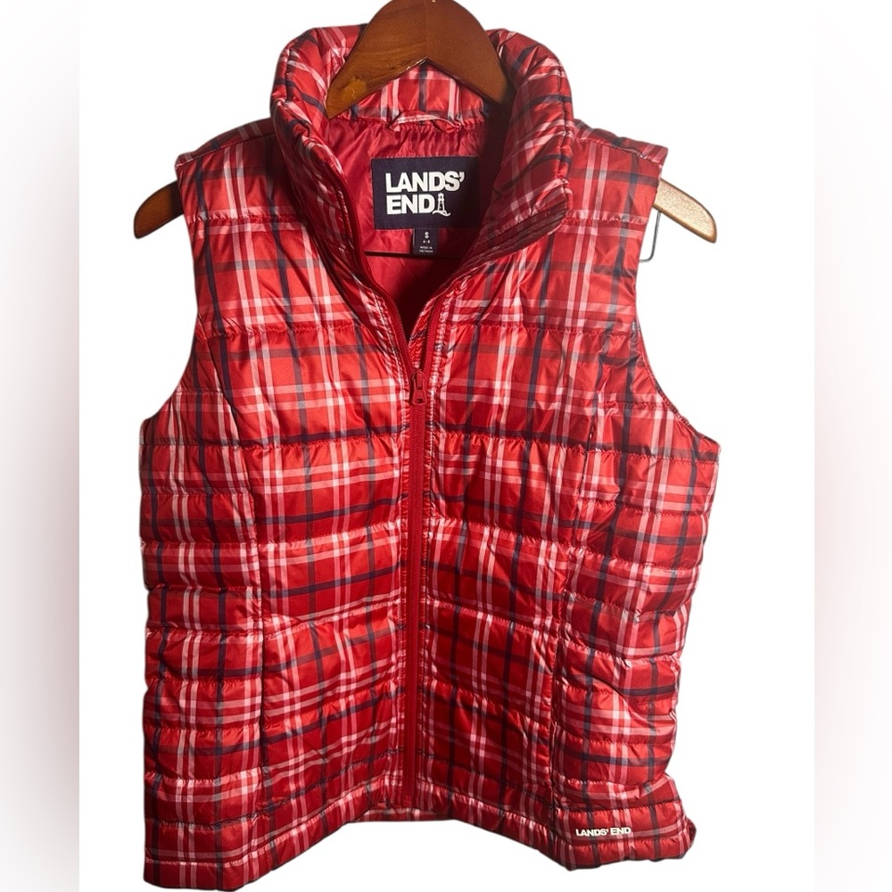 Lands' End Vibrant Red Plaid Quilted Puffer Vest Small 6 8 Zip